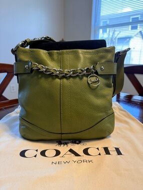Coach Brooke Hobo Bag Olive Green Pebbled Leather Chain Detail F19722 EUC